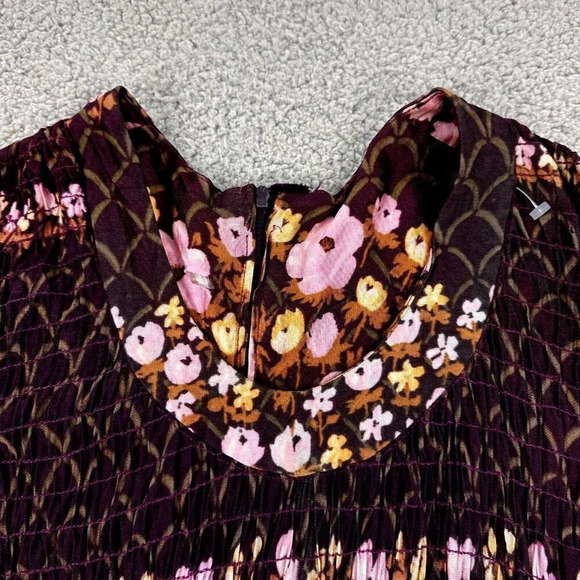 Vintage 70s Dress Size Small Floral Smocked Maxi Burgundy Boho Hippie - Picture 5 of 16